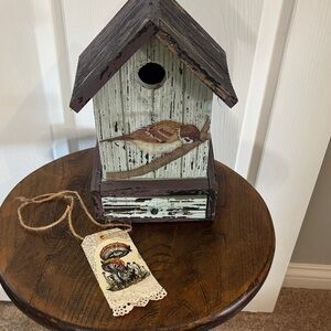 Rustic Birdhouse with Sparrow Design and Gift Tag